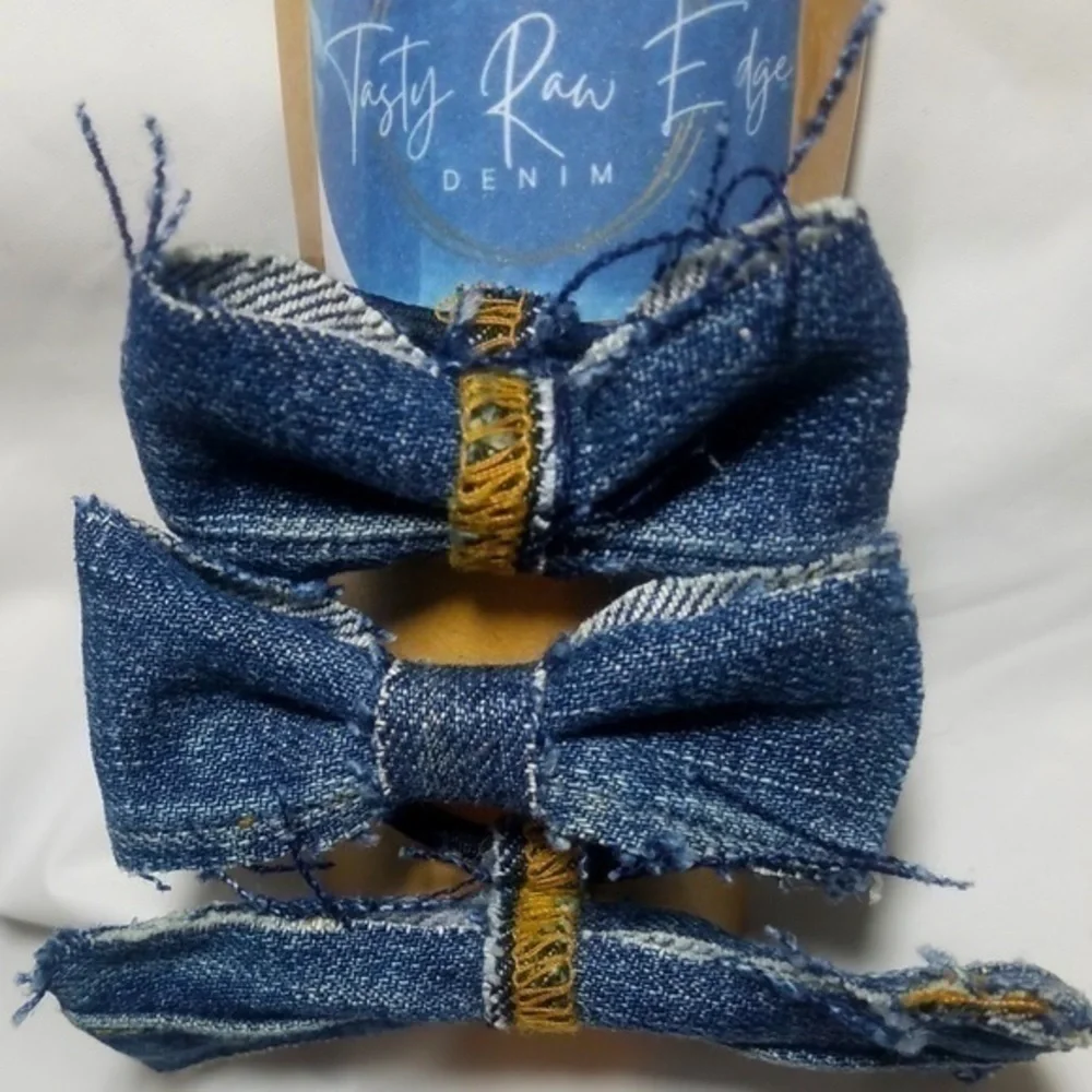 Tasty Raw Edge Denim Tri-Bun Bows